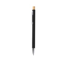 A black metal pen with a bamboo top and a chrome clip, featuring a logo.