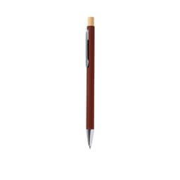A brown metal pen with a bamboo top and a silver clip, featuring a logo on its side.