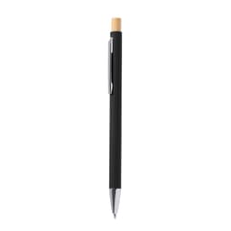 A metal pen in black with a bamboo top and a chrome clip, featuring a simple design and sleek finish.