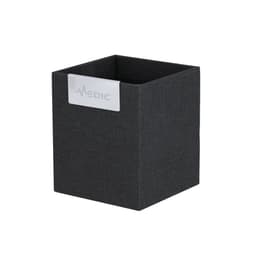 A black fabric storage basket with a label area, featuring a simple design and no visible contents.