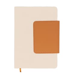 A notebook with a cream cover and a brown leatherette clasp, featuring a simple design and a branding logo.