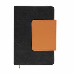 A black notebook with a tan leather cover and a closure flap. Includes a bookmark ribbon.