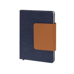 A navy notebook with a tan leather-like cover. It features a logo on the front.