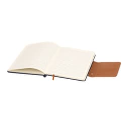 A Renak Notebook with a navy blue cover and cream lined pages, featuring a leatherette brown pocket.