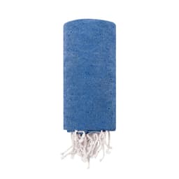 A blue towel rolled up with white tassels at the bottom, featuring a logo. Suitable for beach use.