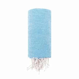 A light blue towel with white tassels, featuring a logo on the side.