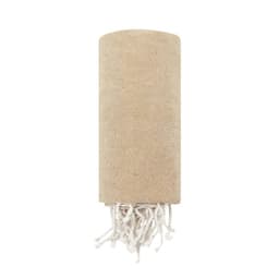A beige towel with white fringed edges, featuring a simple design and a logo.