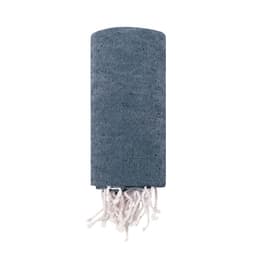 A grey towel with white fringes, neatly rolled up. The product features a logo.