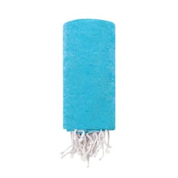A blue towel with a textured finish and white fringes, featuring a logo on one side.