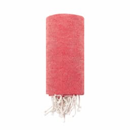 A red Dikky Towel with a textured finish and white tassels at one end, featuring a branding logo.