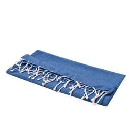 A blue towel with white fringe detailing, folded neatly. It features a logo on the surface.