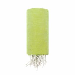 A green towel with white fringes, rolled up for compact storage. It features a logo.
