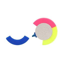 A highlighter set in pink, yellow, and blue, featuring a circular design with removable sections.