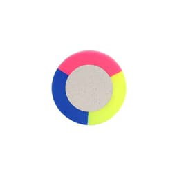 A round highlighter with vibrant pink, blue, yellow, and grey sections, featuring a logo in the centre.