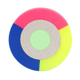 A circular highlighter with pink, blue, green, and yellow sections, featuring a central grey area and branding.