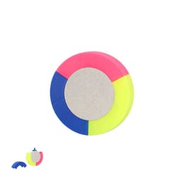 A circular highlighter with sections in pink, blue, yellow, and a beige centre, featuring a logo on the top.