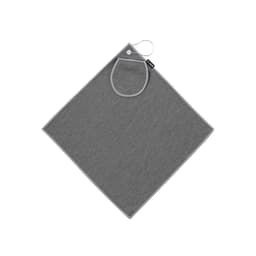 A grey golf towel with a hanging loop and a pocket. It features a simple, clean design.