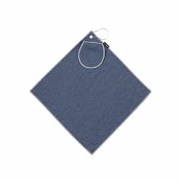 A blue golf towel with a grey border and a loop for hanging. It features a small pocket design and a logo.