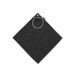 A dark grey golf towel with a hanging loop and a pocket, featuring a branding logo.