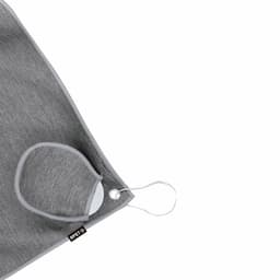 A grey golf towel with a small pouch attached, featuring a logo on the side.