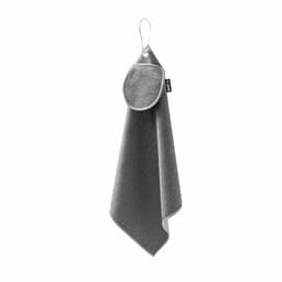 A grey golf towel with a hanging loop, featuring a contrasting lighter trim and a logo.
