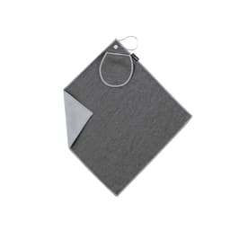 A grey golf towel with a soft underside and a loop for hanging. It features a branding logo.