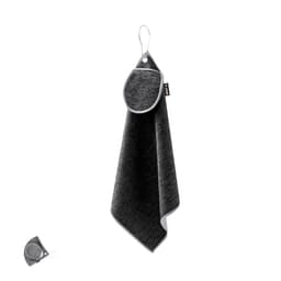 A dark grey golf towel with a hanging loop and a smaller matching pouch attached.