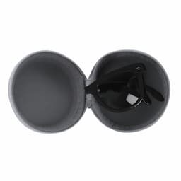 A black pair of sunglasses inside a grey protective case, featuring a soft interior lining.