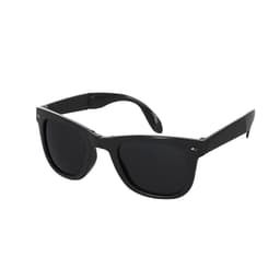 A pair of black sunglasses with dark lenses and a classic design, featuring a logo on the frame.