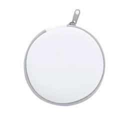 A round, zippered pouch in white with grey accents, featuring a simple design and a small attachment loop.