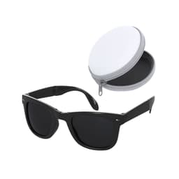 Black sunglasses with dark lenses and a grey zippered protective case.