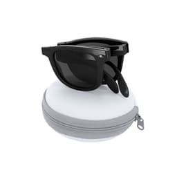Black sunglasses displayed on a round grey case. The case is zipped and softly padded.