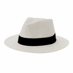 A white straw hat featuring a black band, styled as a fedora. It has a textured design and a classic shape.