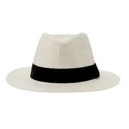 A white straw hat with a black band, featuring a stylish, wide-brimmed design. It has a logo on the side.