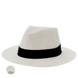 A white straw hat featuring a black band. It includes a small image showing additional details.