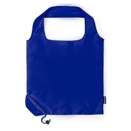 A foldable bag in royal blue with a rounded handle and a small drawstring closure. Features a logo.