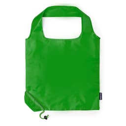 A green foldable bag with a simple design and a logo in the corner. The bag features a convenient drawstring closure.
