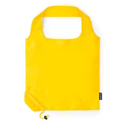 A foldable bag in bright yellow, featuring a simple handle and a logo on the side.