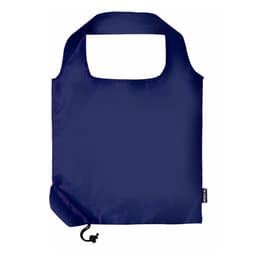 A foldable bag in navy blue, featuring a rounded handle and a drawstring closure, with a small branding logo.