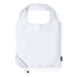 A foldable bag in light grey with a simple design and a logo, featuring a rounded handle for easy carrying.