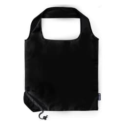 A foldable bag in black with a simple design and a drawstring closure. It features a logo on the side.
