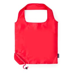 A red foldable bag with a rounded handle and a drawstring closure. It features a logo on the side.