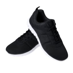 A pair of black sports shoes with a mesh design and white soles, featuring laces and a logo.