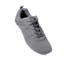 A grey sneaker with a mesh upper and white sole, featuring laces and a branding logo.