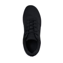 A black sneaker featuring a mesh upper, laces, and a white sole, also has a logo.