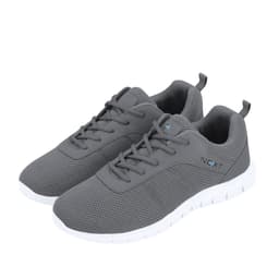A pair of grey athletic shoes with a white sole and a branding logo. Suitable for casual or sporty wear.