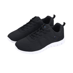 A pair of black sports shoes with a textured upper and white soles, featuring a logo on the side.