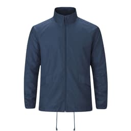 A navy rain jacket with a zip front, elastic cuffs, and side pockets, featuring a minimalistic design and a logo.