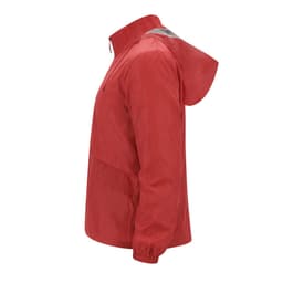 A red rain jacket featuring a hood and a front pocket. The jacket includes reflective details and has a logo.