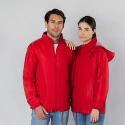 A red rain jacket featuring a zip-up front and hood, worn by two models against a grey background.